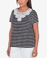 Alfred Dunner Women's Classic Neutrals Lace Neck Striped Split Hem T-shirt