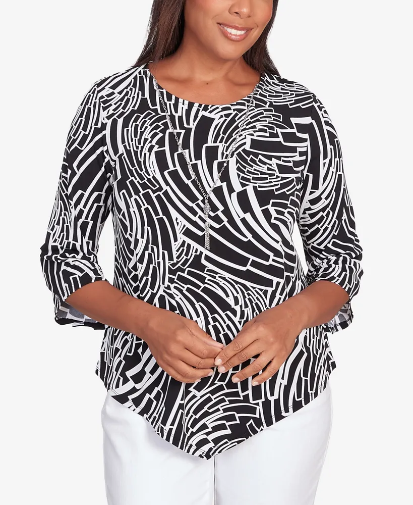 Alfred Dunner Women's Classic Puff Print Geo Waves Top with Necklace