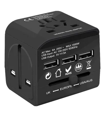 5 Core Travel Adapter International Power Adapter Plug Multi Outlet Port 3 Usb Travel Charger Universal Ac Plug Outlet Adapter- Uta 3USB Blk
