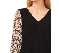 CeCe Women's Floral V-Neck Mix-Media 3/4-Sleeve Knit Top