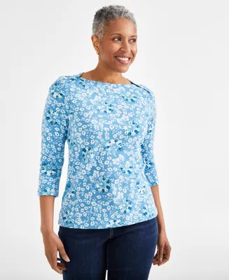 Style & Co Petite Pottery Floral 3/4-Sleeve Pima Knit Top