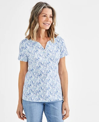 Style & Co Petite Patchy Ditsy Floral Henley Short-Sleeve Top, Created for Macy's