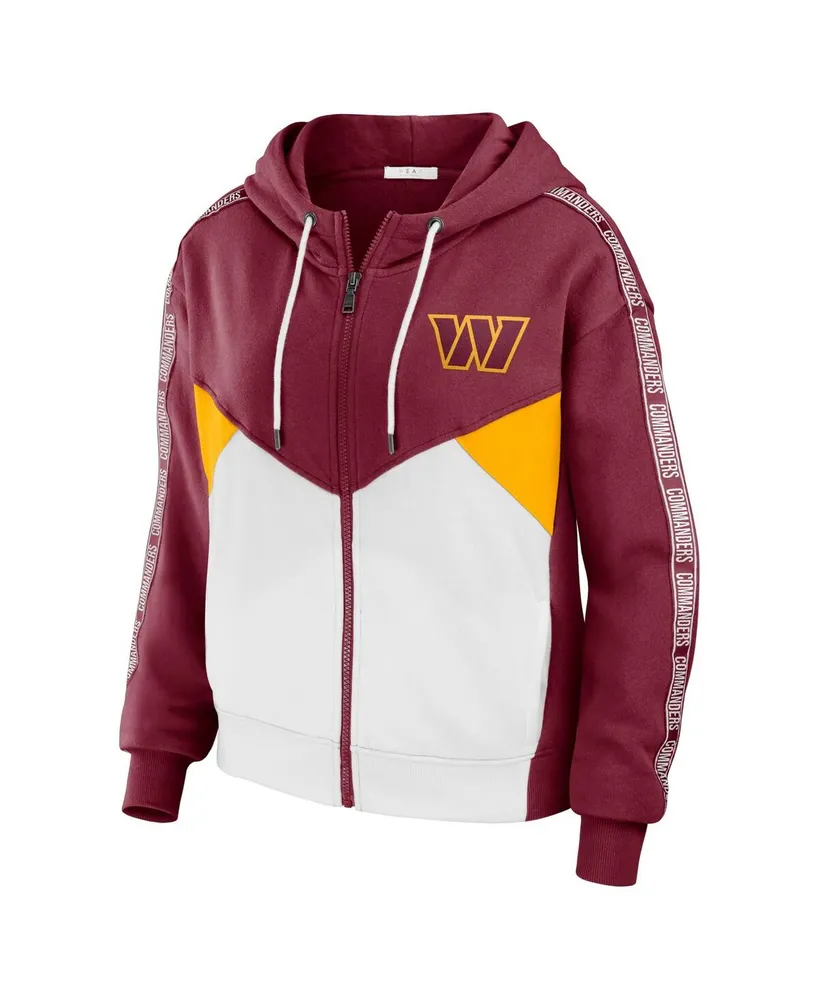 Women's Wear by Erin Andrews Burgundy, White Washington Commanders Color Block Light Weight Modest Crop Full-Zip Hoodie