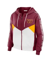 Women's Wear by Erin Andrews Burgundy, White Washington Commanders Color Block Light Weight Modest Crop Full-Zip Hoodie