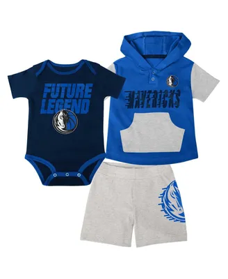 Infant Boys and Girls Navy, Blue, Gray Dallas Mavericks Bank Shot Bodysuit, Hoodie T-shirt and Shorts Set