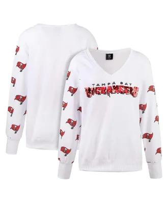 Women's Cuce White Tampa Bay Buccaneers Sequin Fleece V-Neck T-shirt