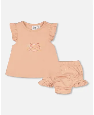 Baby Girl Organic Cotton Top And Bloomers Set Peach Rose With Printed Heart - Infant