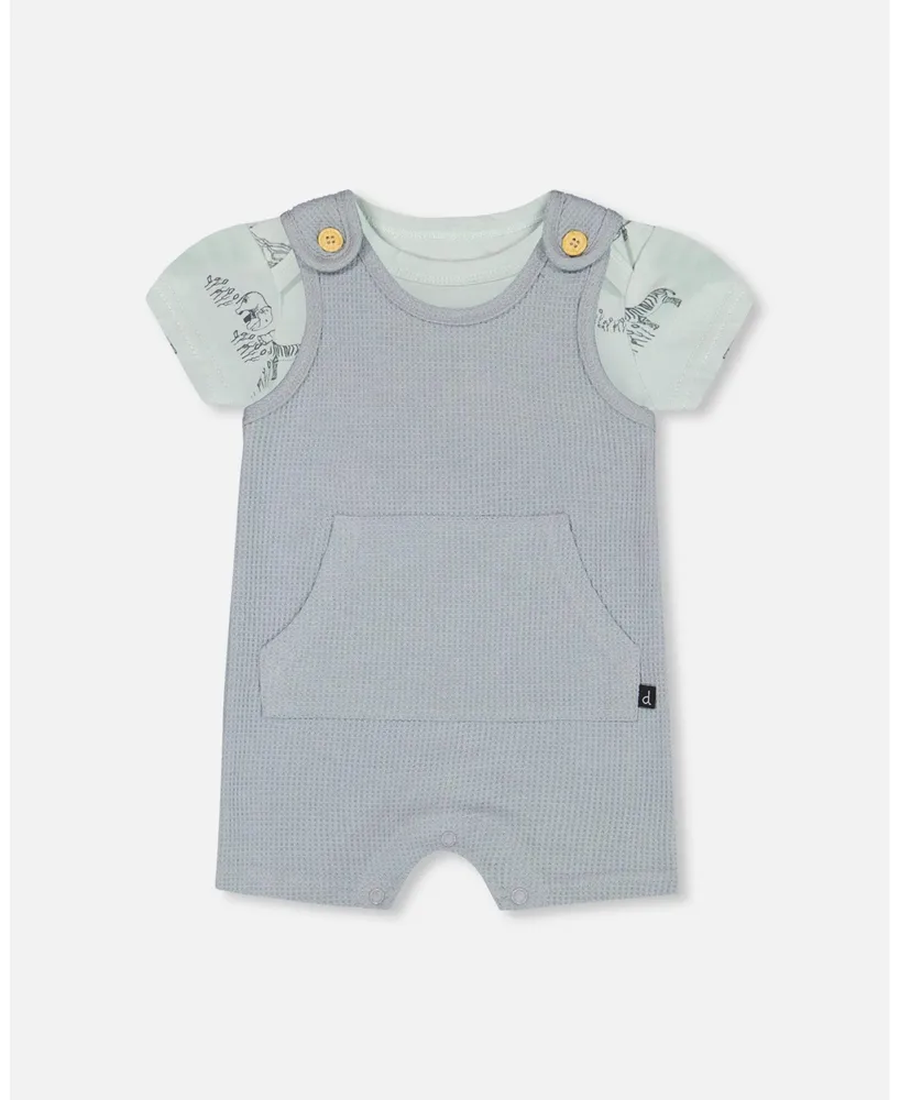 Deux Par Deux Baby Boy Organic Cotton Onesie And Waffle Shortall Set Blue  Gray - Infant