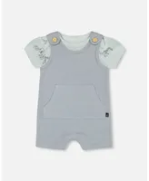 Baby Boy Organic Cotton Onesie And Waffle Shortall Set Blue Gray - Infant