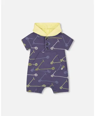 Baby Boy French Terry Hooded Romper Blue Printed Scooters - Infant