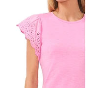 CeCe Women's Crewneck Eyelet Flutter-Sleeve Knit Top