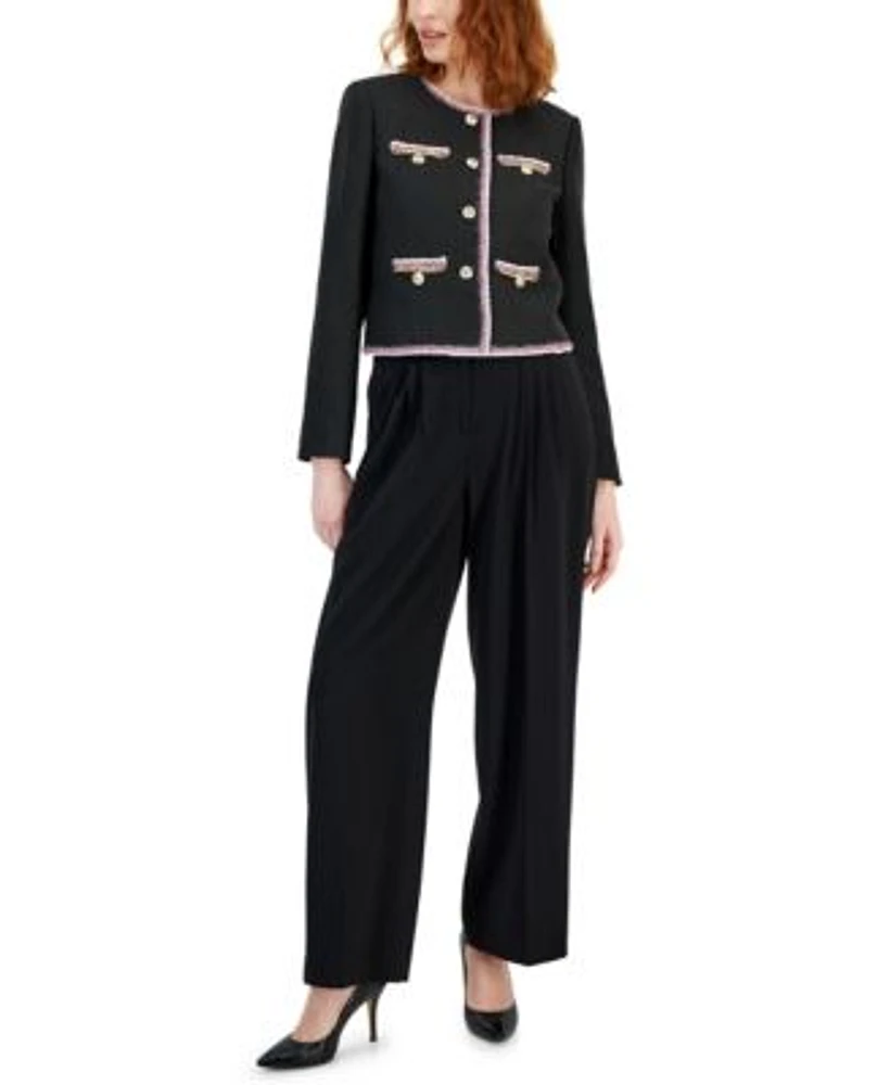 Tahari Asl Womens Four Pocket Contrast Trim Boucle Jacket Pleated Waist Wide Leg Pants