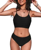 Cupshe Women's Mid Rise Scoop Neck Tank Textured Bikini Sets Swimsuit