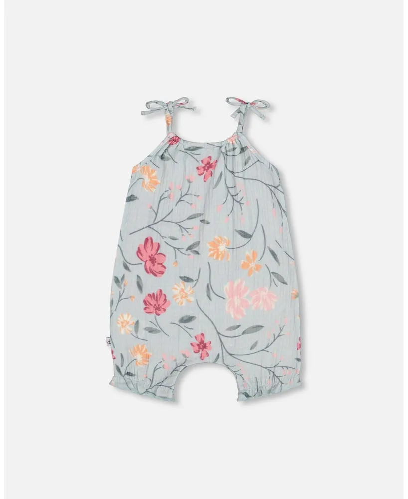 Baby Girl Printed Muslin Romper Light Blue With Romantic Flowers - Infant