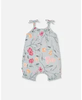 Baby Girl Printed Muslin Romper Light Blue With Romantic Flowers - Infant