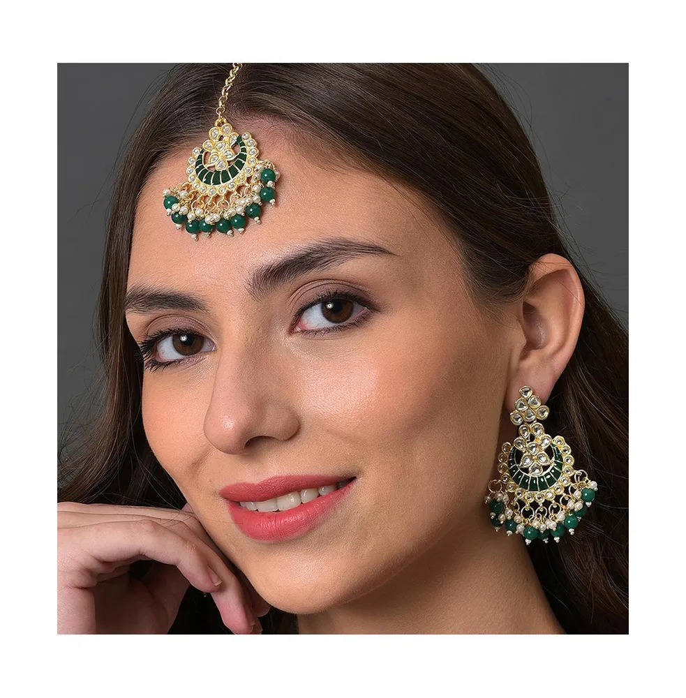Sohi Women's Green Stone Drop Earrings & Maangtikka Set