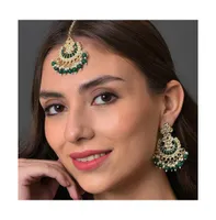 Sohi Women's Green Stone Drop Earrings & Maangtikka Set