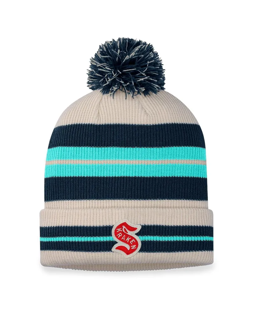 Men's Fanatics Seattle Kraken Cream, Navy 2024 Nhl Winter Classic Cuffed Knit Hat with Pom