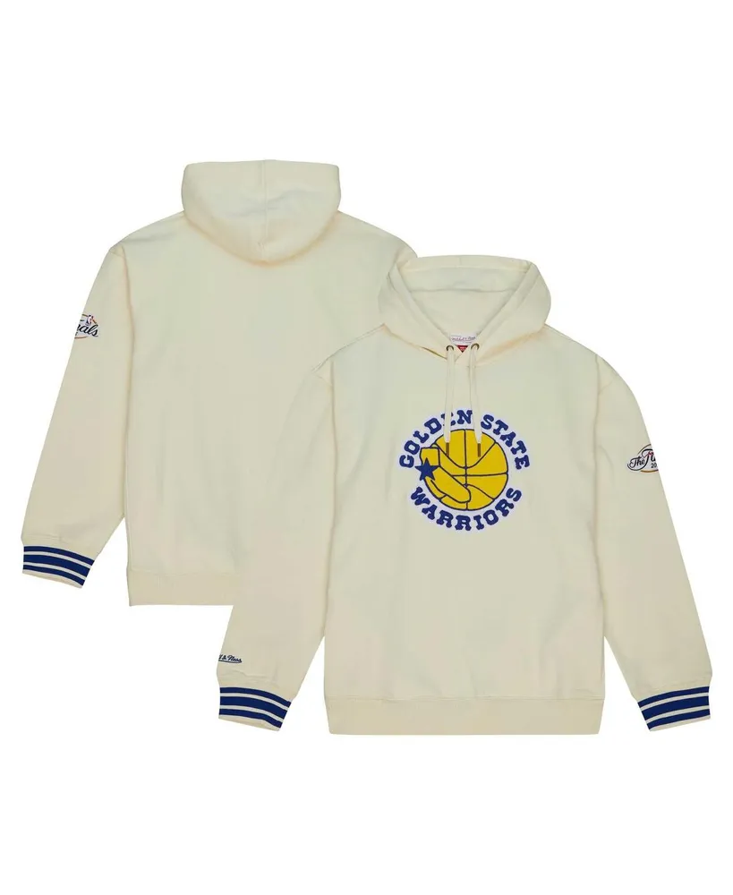 Men's Mitchell & Ness Cream Distressed Golden State Warriors Chainstitch Felt Pullover Hoodie