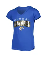 Big Girls New Era Royal Los Angeles Rams Reverse Sequin Wordmark V-Neck T-shirt