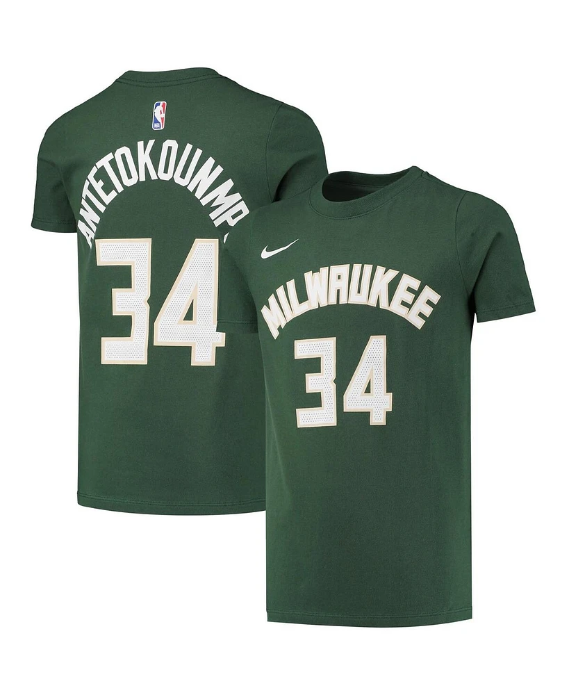 Big Boys Nike Giannis Antetokounmpo Hunter Green Milwaukee Bucks Logo Name and Number Performance T-shirt