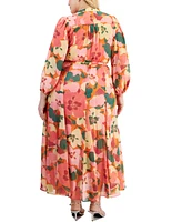 Taylor Plus Printed Long-Sleeve Tie-Waist Maxi Shirtdress