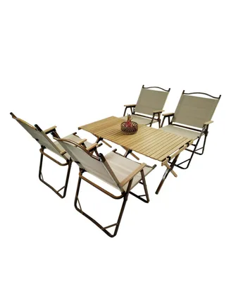 Simplie Fun Foldable Dining Set with Table & 4 Chairs, Indoor/Outdoor, Natural