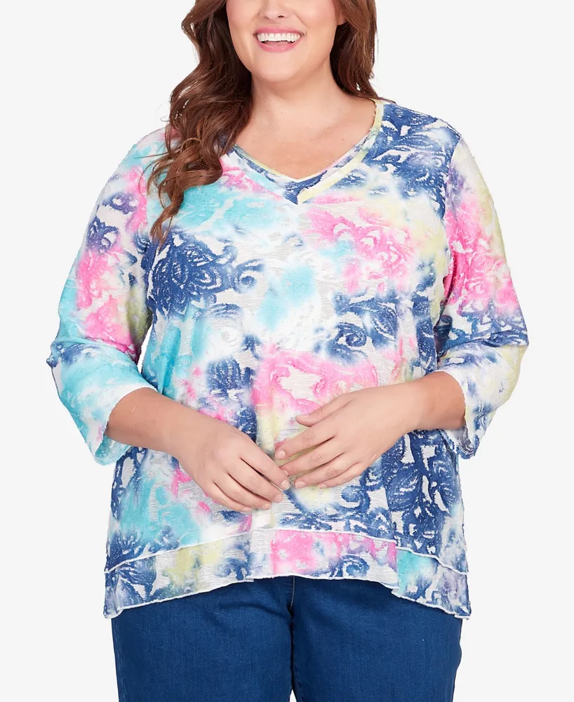 Alfred Dunner Plus Full Bloom Torn Jacquard Tie Dye Top