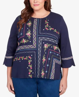 Alfred Dunner Plus Full Bloom Flower Embroidery Quad Top