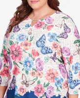 Alfred Dunner Plus Full Bloom Floral Butterfly Border Split Neck Top