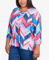 Alfred Dunner Plus Size In Full Bloom Triple Notch Neck Geometric Top