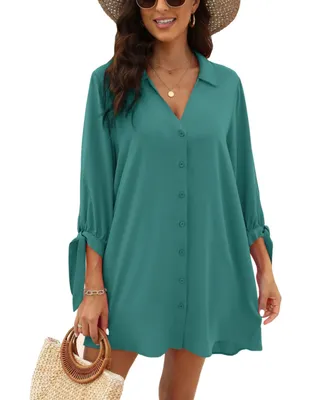 Women's V-Neck Button Front Cover-Up Dress