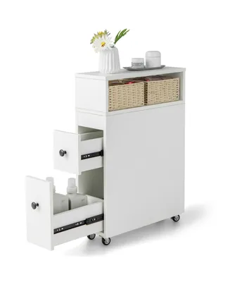 Movable Bathroom Storage Cabinet Narrow Toilet Side Paper Holder w/ 2 Drawers