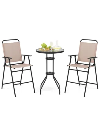 3PCS Patio Bistro Set Folding Chairs Round Bar Table with 1.6'' Umbrella Hole Yard