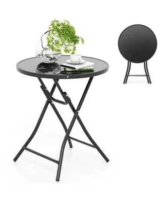 23'' Round Folding Table Outdoor Patio Bistro Table with Tempered Glass Tabletop