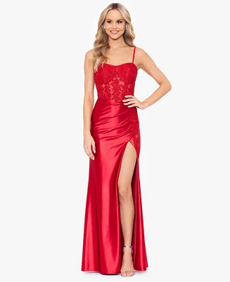 Blondie Nites Juniors' Satin Sequined-Lace Corset Gown