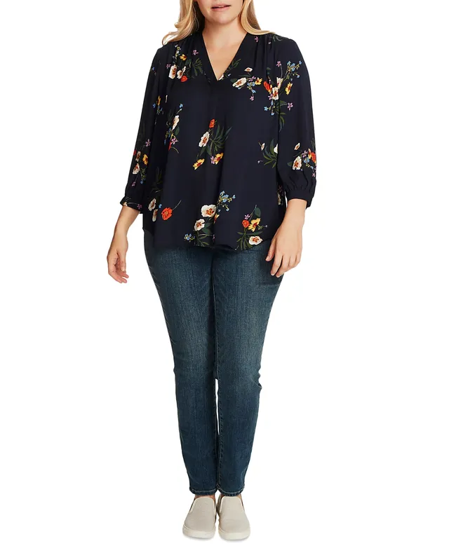 Vince Camuto Plus Size Floral-Print 3/4-Sleeve V-Neck Top