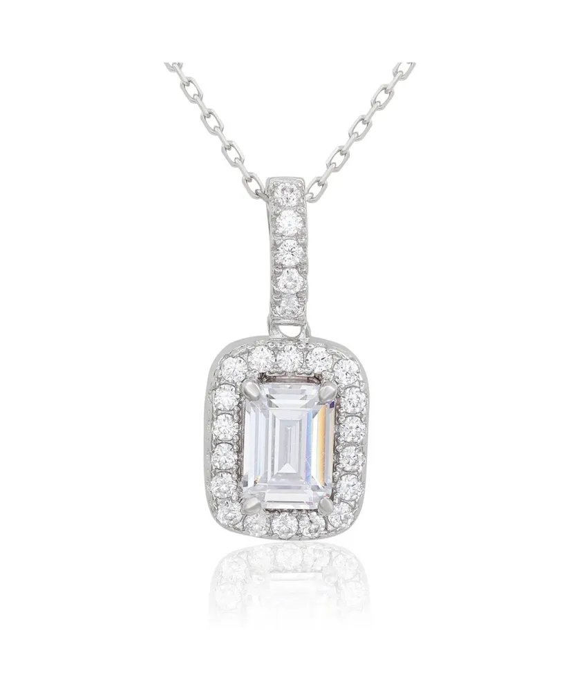 Suzy Levian Sterling Silver Cubic Zirconia Emerald Cut Halo Pendant Necklace