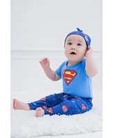 Dc Comics Baby Boys Justice League Batman Superman Flash Bodysuit Pants and Hat 3 Piece Outfit Set Newborn to