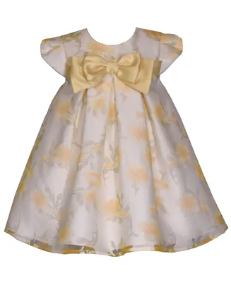 Bonnie Baby Girls Short Sleeved Burnout Trapeze Dress with Satin Bow