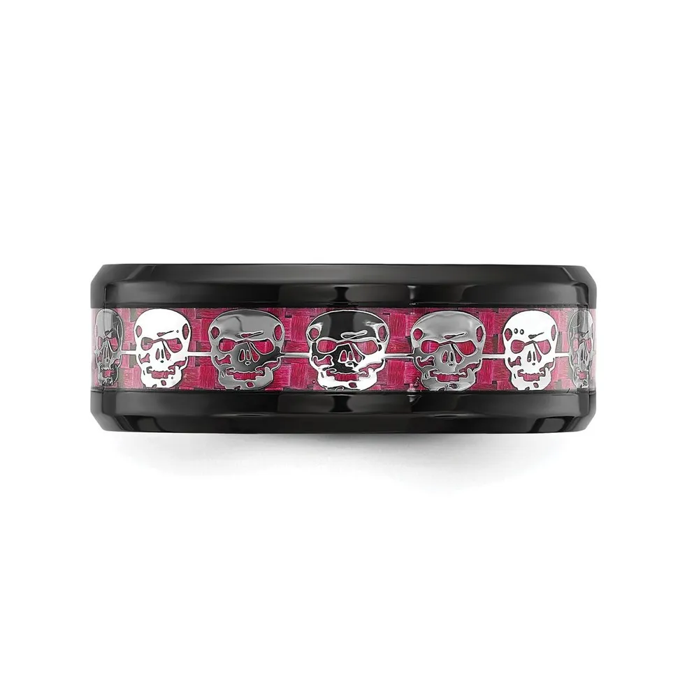 Chisel Stainless Steel Black Ip-plated Skulls Inlay Band Ring