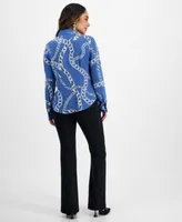 I.N.C. International Concepts Petite Printed Button Down Pocket Front Top Flare Leg Pull On Pants Created For Macys