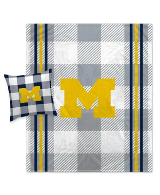 Pegasus Home Fashions Michigan Wolverines Gray Plaid Stripes Blanket and Pillow Combo Set