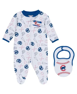 Newborn and Infant Boys Girls Wear by Erin Andrews White Chicago Cubs Sleep Play Full-Zip Footed Jumper with Bib
