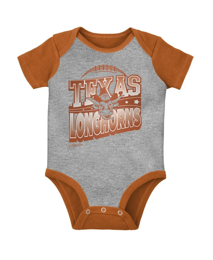 Infant Boys and Girls Mitchell & Ness Orange, Heather Gray Texas Longhorns 3-Pack Bodysuit, Bib and Bootie Set