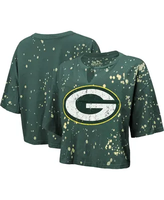 Women's Majestic Threads Green Distressed Bay Packers Bleach Splatter Notch Neck Crop T-shirt