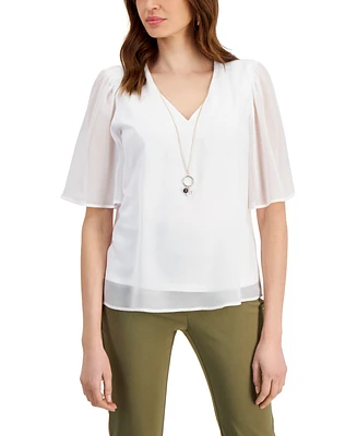 Jm Collection Petite V-Neck Flutter-Sleeve Necklace Top