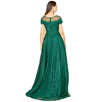 Women's Sheer Boat Neck Ball Gown