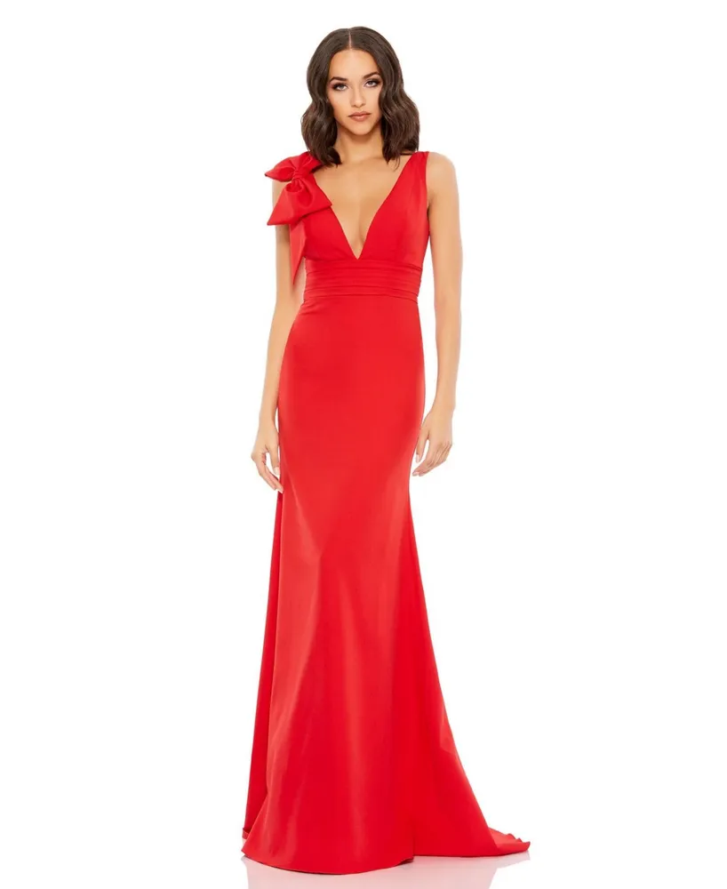 Women's Sleeveless V Neck Bow Detail Mermaid Gown