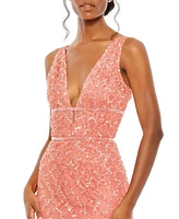 Women's Sequined Plunge Neck Sleeveless Column Gown